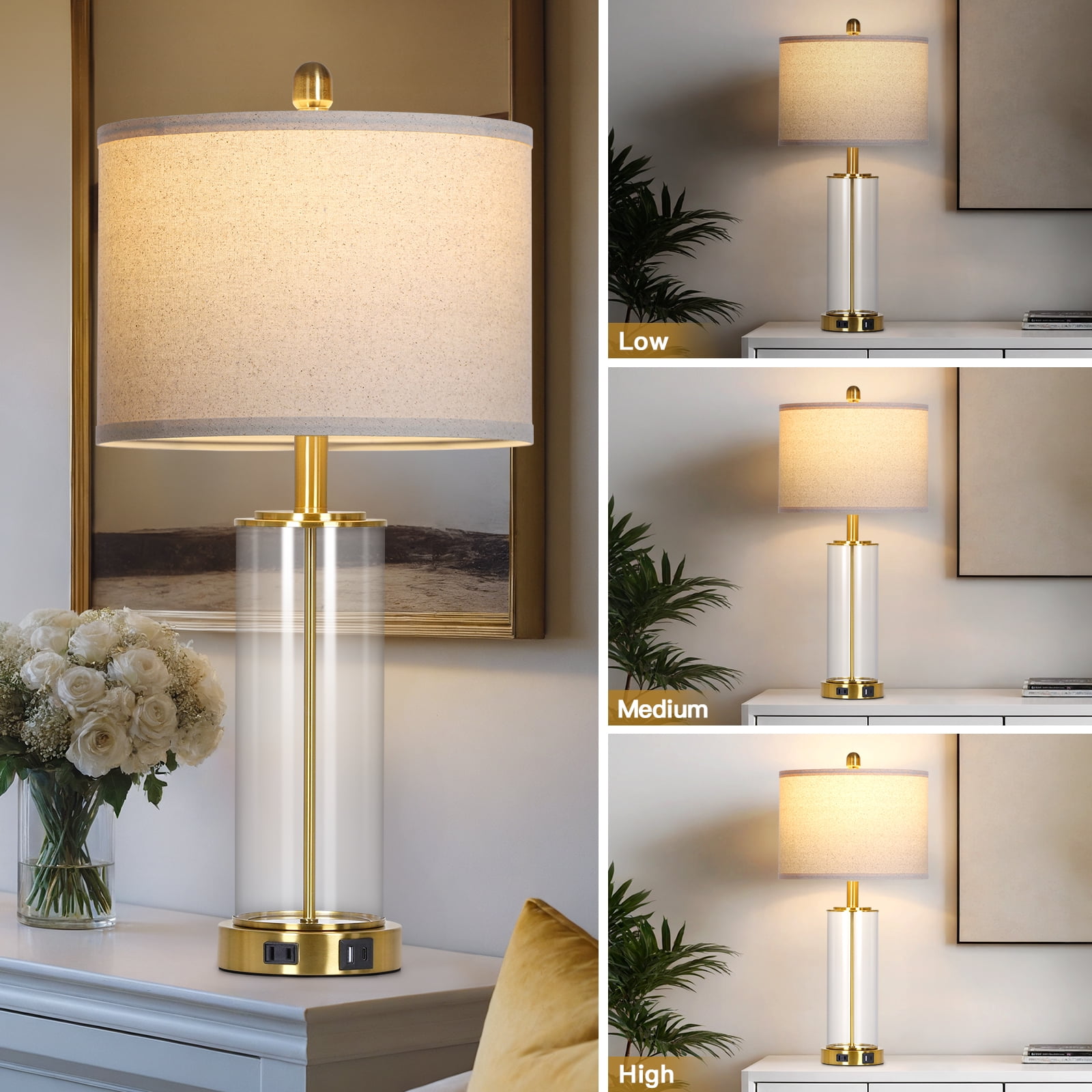 Cinkeda Industrial Gold Table Lamps Set of 2 for Living Room Bedroom 26" Tall Modern Clear Glass 3 Way Dimmable Touch Control Bedside Nightstand Lamp with USB C+A Ports AC Outlet