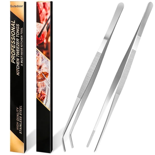 Gutsdoor Juego de pinzas de cocina, pinzas de acero inoxidable, juego de 2 con puntas dentadas de precisión para cocinar y uso médico (juego de 12 pulgadas)