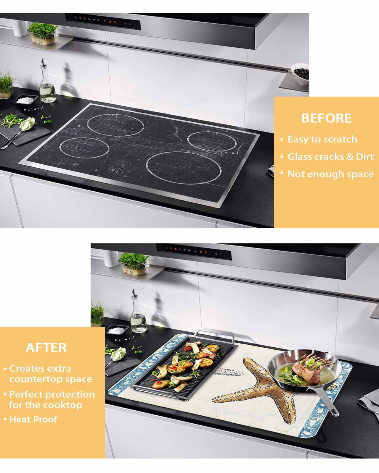 nqOlkjepod Large Induction Cooktop Protector Mat 24"x21", Blue Beige Coastal Beach Stove Top Covers for Electric Stove, Summer Vintage Starfish Stove Burner Cover Mats, Glass Top Stove Cover