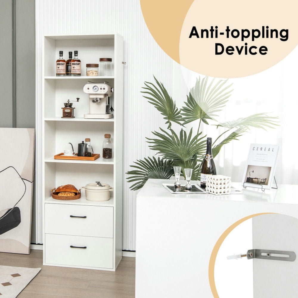 Demi Bonn 6-Tier Tall Freestanding Bookcase with 4 Open Shelves and 2 Drawers, White