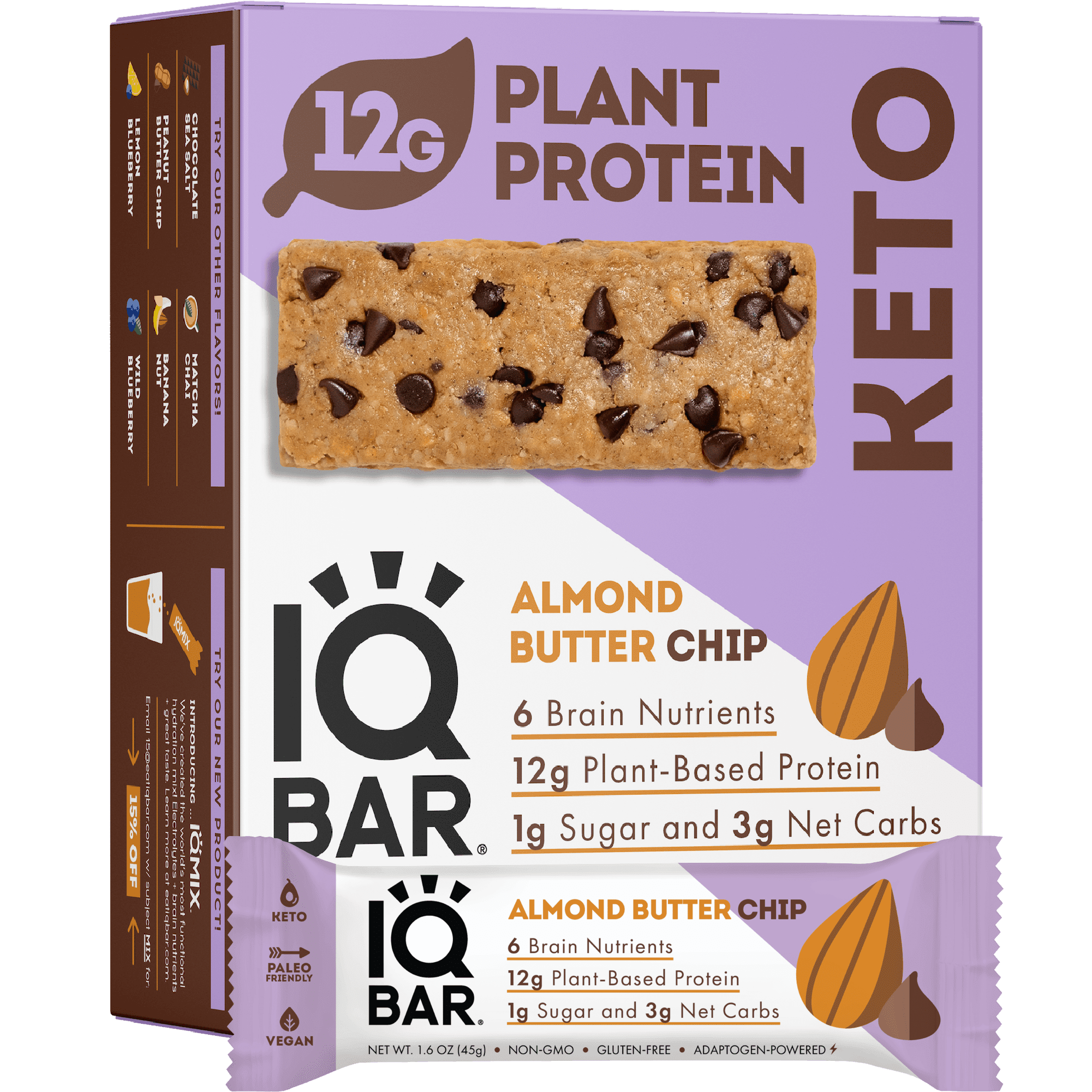 IQBAR Brain and Body Keto Protein Bars - Almond Butter Chip Keto Bars - 12-Count Energy Bars - Low Carb Protein Bars - High Fiber Vegan Bars and Low Sugar Meal Replacement Bars - Vegan Snacks