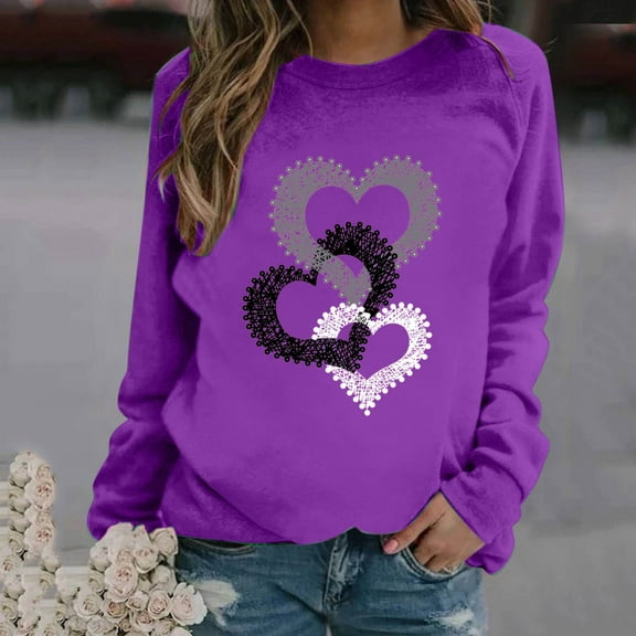 GuzomFashion Womens Purple Heart Graphic Polyester Sweatshirt - Crew Neck Long Sleeve Loose Fit Plus Size Inclusive S-XXXXXL Casual Valentine's Pullover,Size L