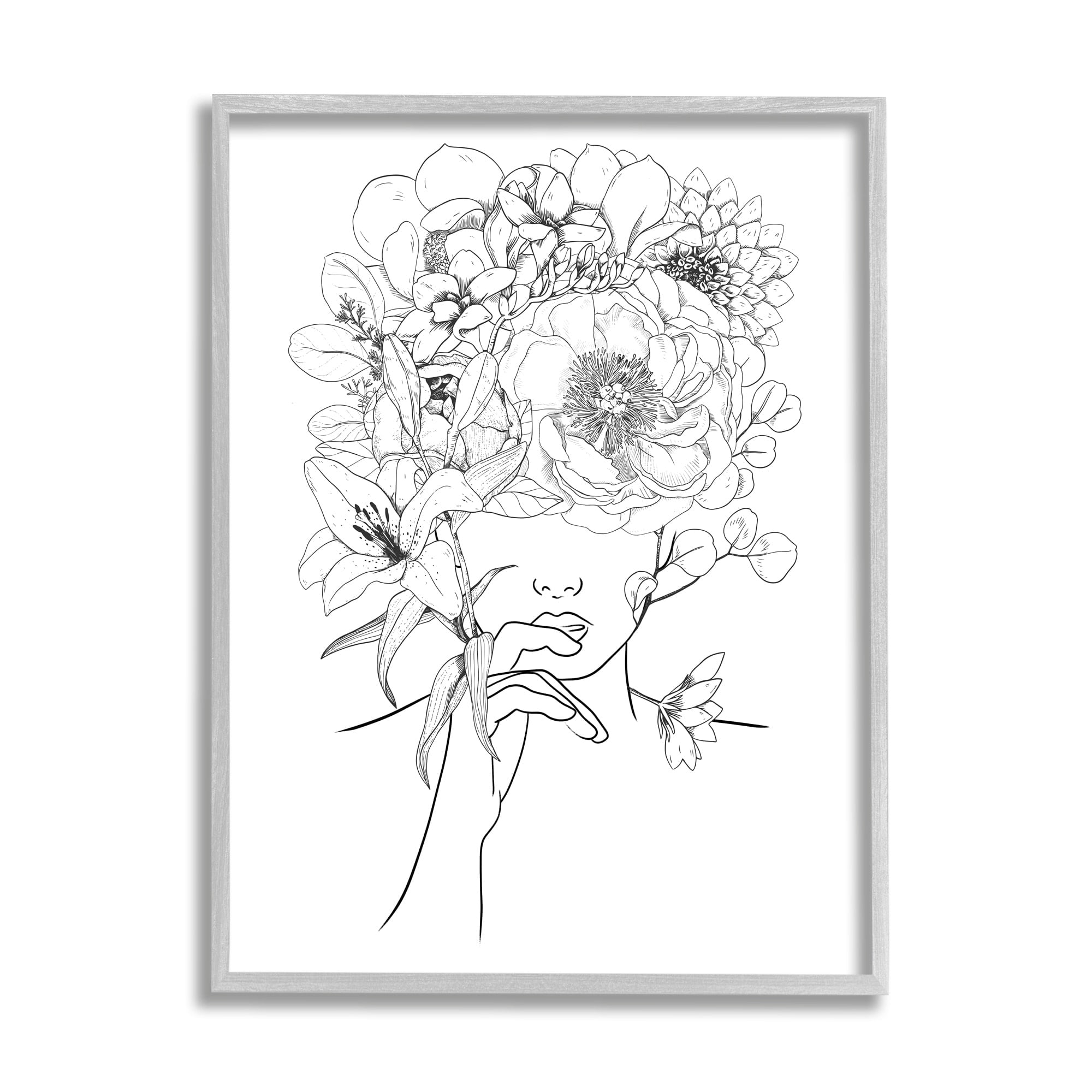 Line Drawing Botanical Floral Bouquet Over Person Face Botanical & Floral Graphic Art Framed Art Print Wall Art
