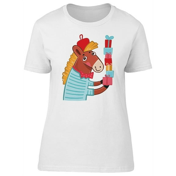 Cute Horse Holding Gifts Cartoon T-Shirt Women -Image by Shutterstock, Female x-Large