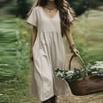 thumbnail image 2 of Linen Dresses for Women Short Sleeve Vintage Boho Dresses V Neck Solid Color Causal Summer Beach Vacation Maxi Dresses, 2 of 7