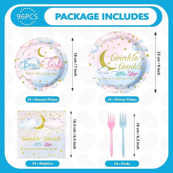 SHILIU-96Pcs Twinkle Twinkle Little Star Gender Reveal Party Supplies Plates and Napkins Baby Shower Disposable Tableware for Baby Girls or Boys Gender Reveal Party Decorations Serve 24