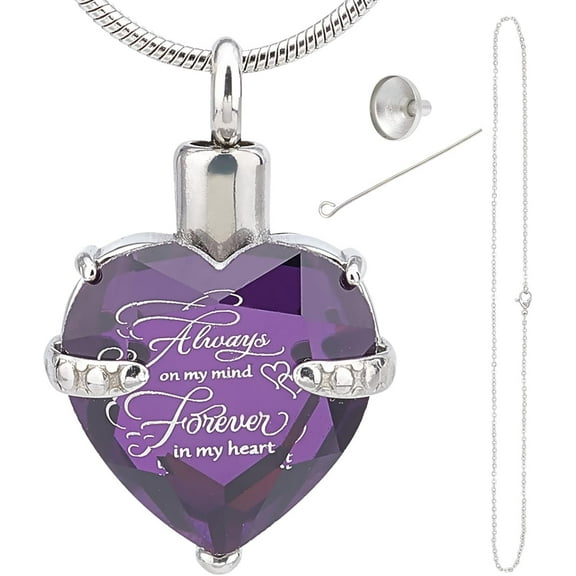 Heart Cremation Urn Necklace for Ash Birthstone Memorial Keepsake Pendant Always on My Mind Forever in My Heart Ash Holder Stainless Steel Waterproof with Fill Kit(February-Purple) Black