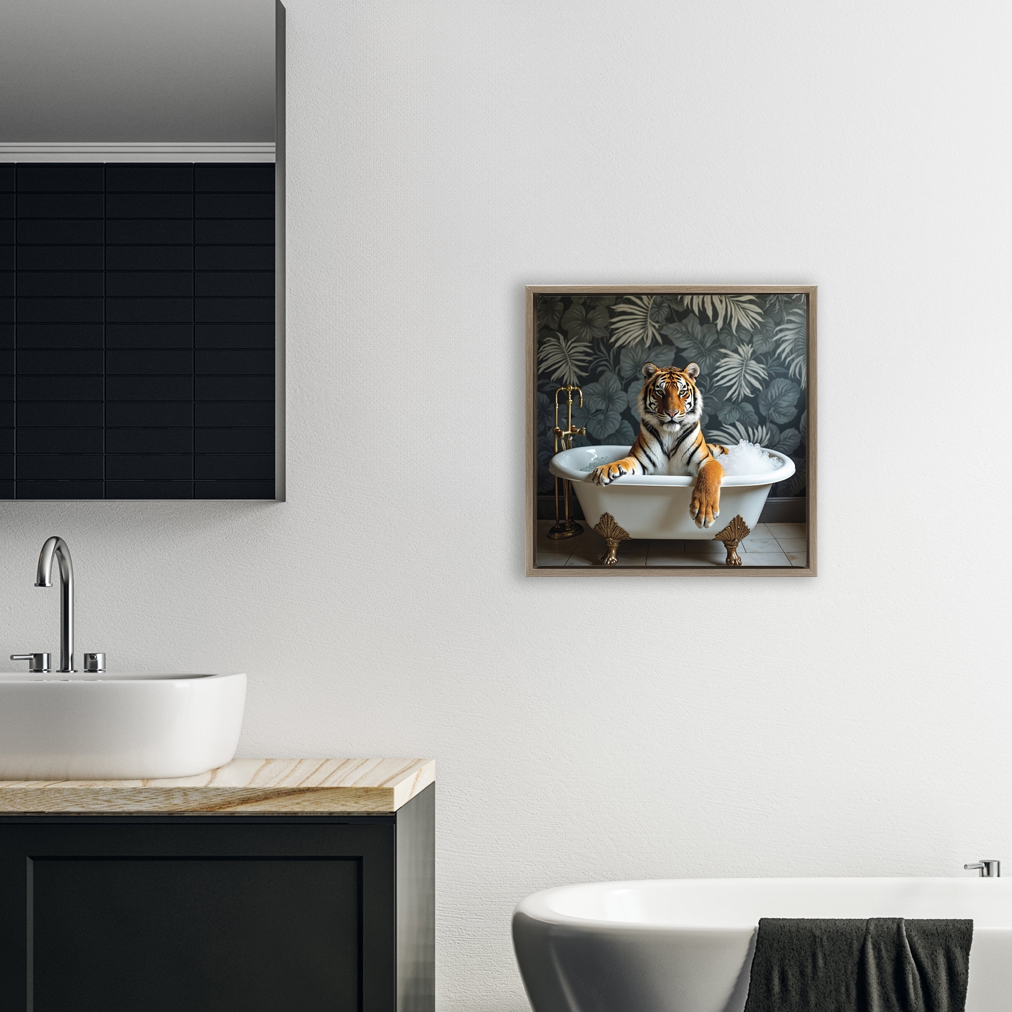 Tiger in Exotic Bubble Bath Brown Framed Floater Canvas Wall Art, design by Lettered and Lined