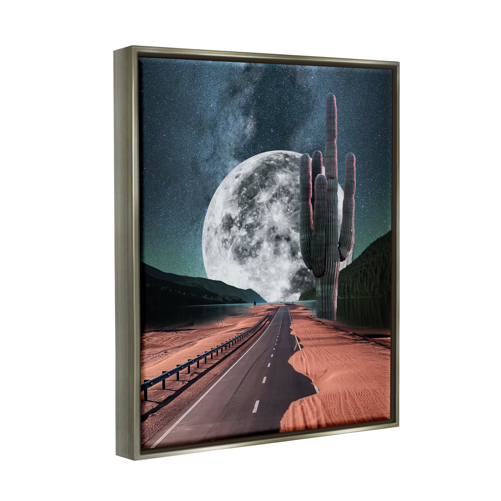 Stupell Industries Surreal Moon & Desert Highway Landscape Painting Gray Floater Framed Canvas Art Print Wall Art, 25 x 31