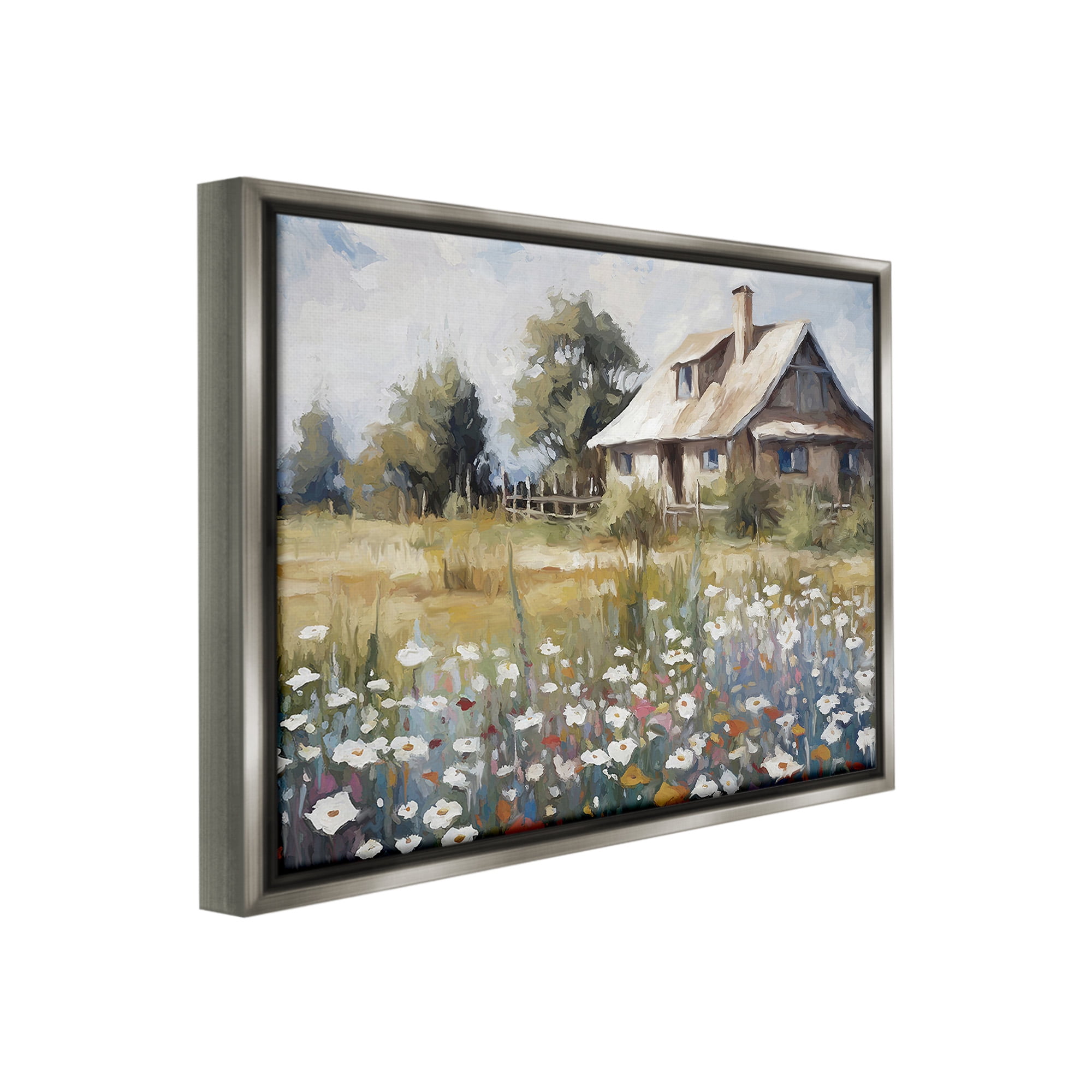 Stupell Industries Charming Prairie Cottage Landscape Painting Gray Floater Framed Canvas Art Print Wall Art, 31 x 25