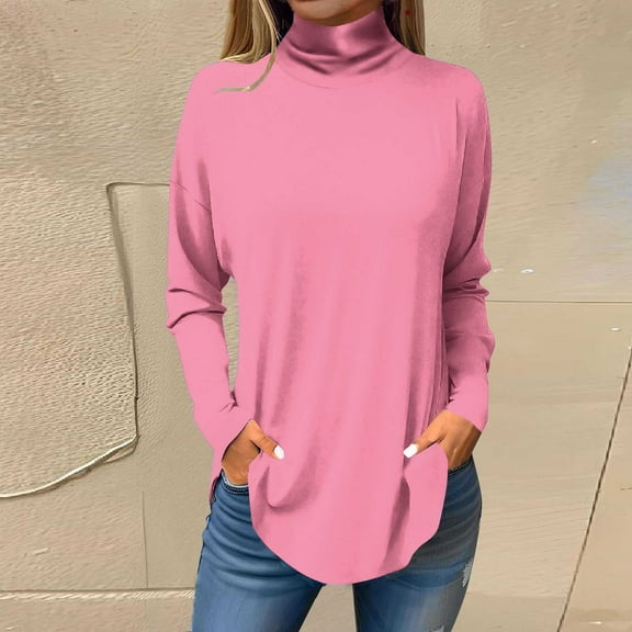 Wycnly Womens Long Sleeve Tops Casual Pullover Tops for Women Spring Long Sleeve Turtleneck Lightweight Tunic Blouses Ladies Girls Trendy Solid Tee Shirts