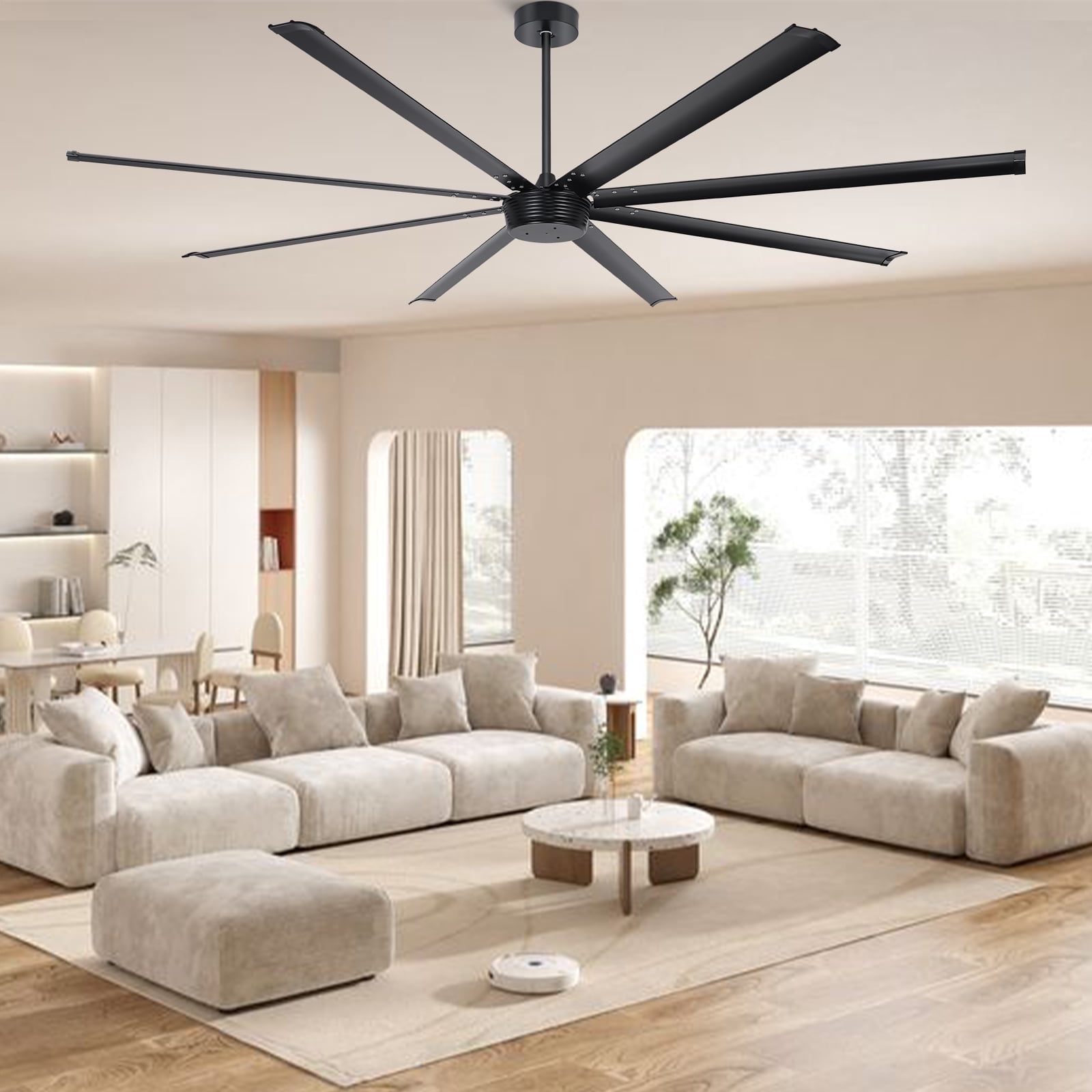 Ohniyou 96" Industrial Ceiling Fan No Light, Remote/APP Controlled, DC Motor High CFM Large Metal Fan with 8 Aluminum Blades for Shop Warehouse Gym, Black