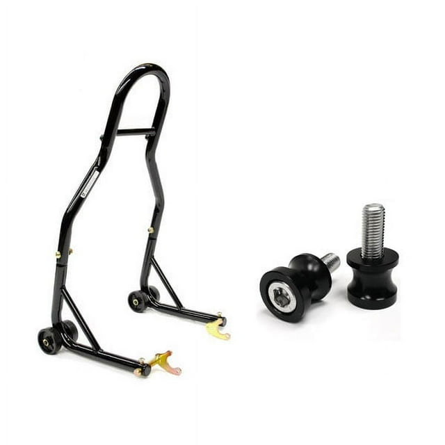 Venom Sport Bike Motorcycle Rear Wheel Swingarm Spool Lift Stand + Low Profile 10mm Black Swingarm Spools (Compatible with Most Kawasaki Bikes)