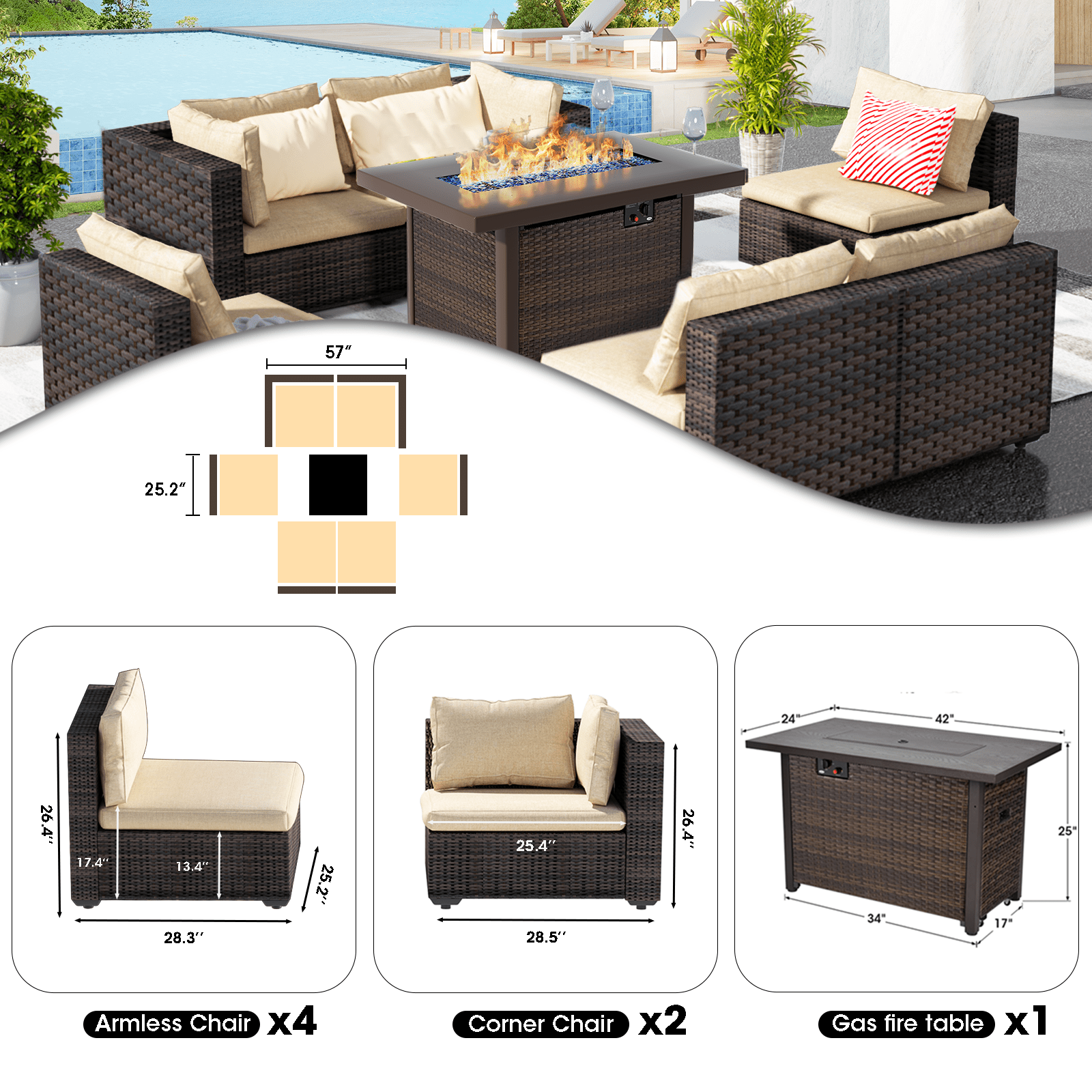Grezone 7 Piece Patio Furniture Sets on Sale with Fire Pit Table, All Weather Outdoor Sectional PE Rattan, Patio Furniture Sets with Cushions for Garden, Lawn, Backyard,Beige