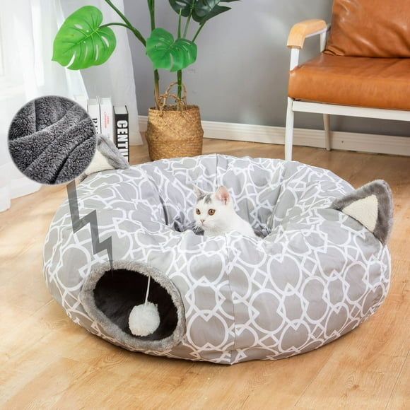 Cat Dog Tunnel Bed with Cushion Tube Toys Oxford Cloth Large Diameter Longer Crinkle Collapsible 3 Way for Cats Kittens Kitty Puppy Outdoor 6FT (Grey