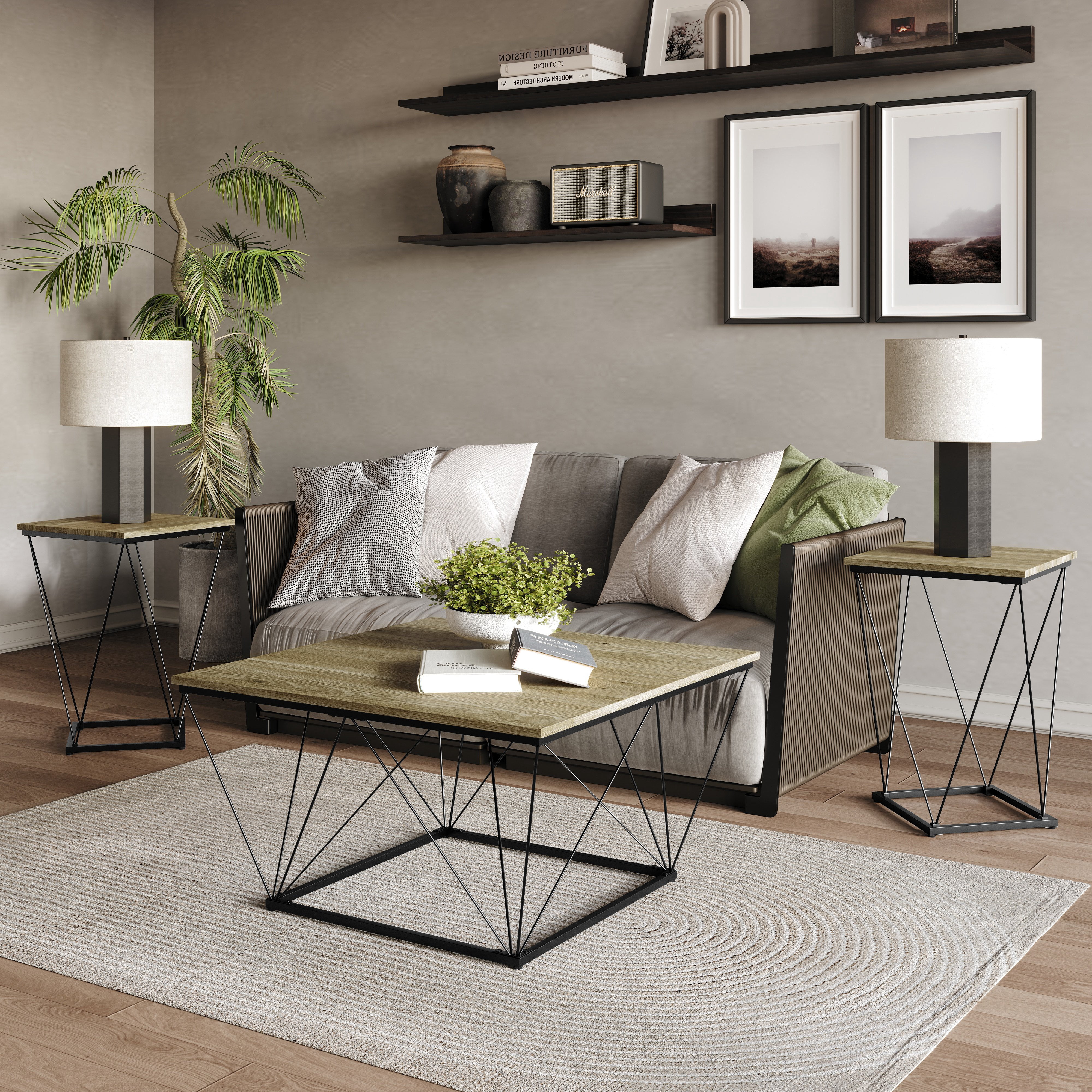 Castle Place Minimalist 3 Piece Coffee Table Set, Brown Oak