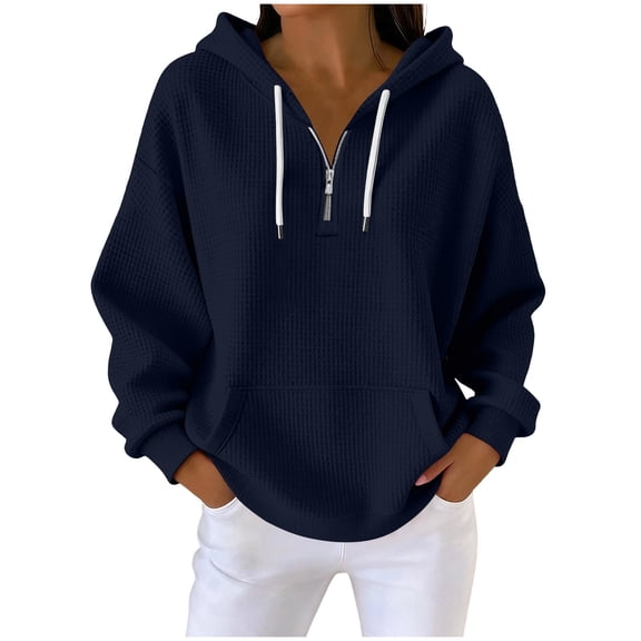 Ltctricy Hoodies for Women Casual Loose Long Sleeve Quarter Zip Textured Pullover Tops Plus Size Hooded Sweatshirts(Navy,X-Large)