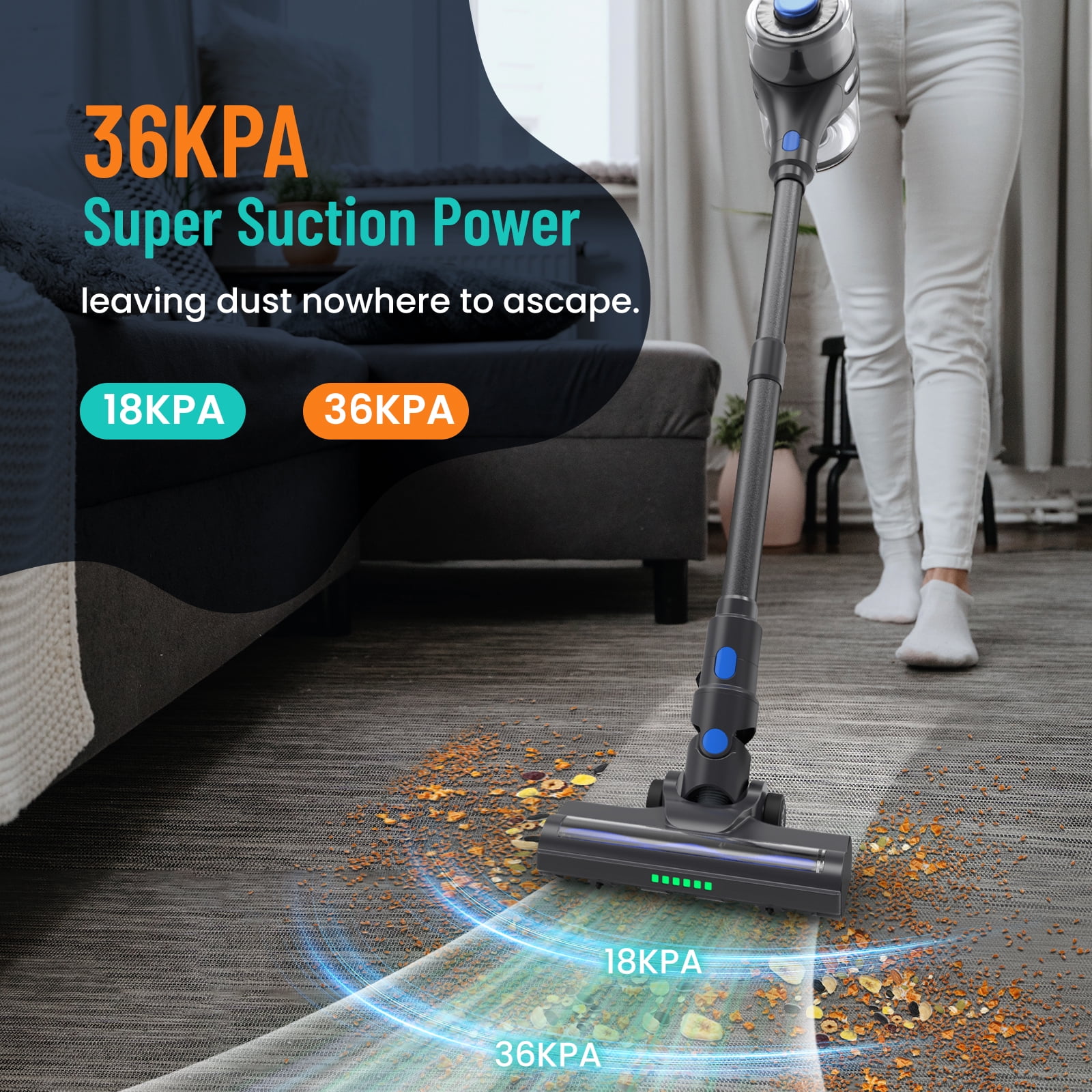 VACFORE Cordless Vacuum Cleaners, Strong Suction Vacuum Cleaner for Carpet, Hardwood Floor