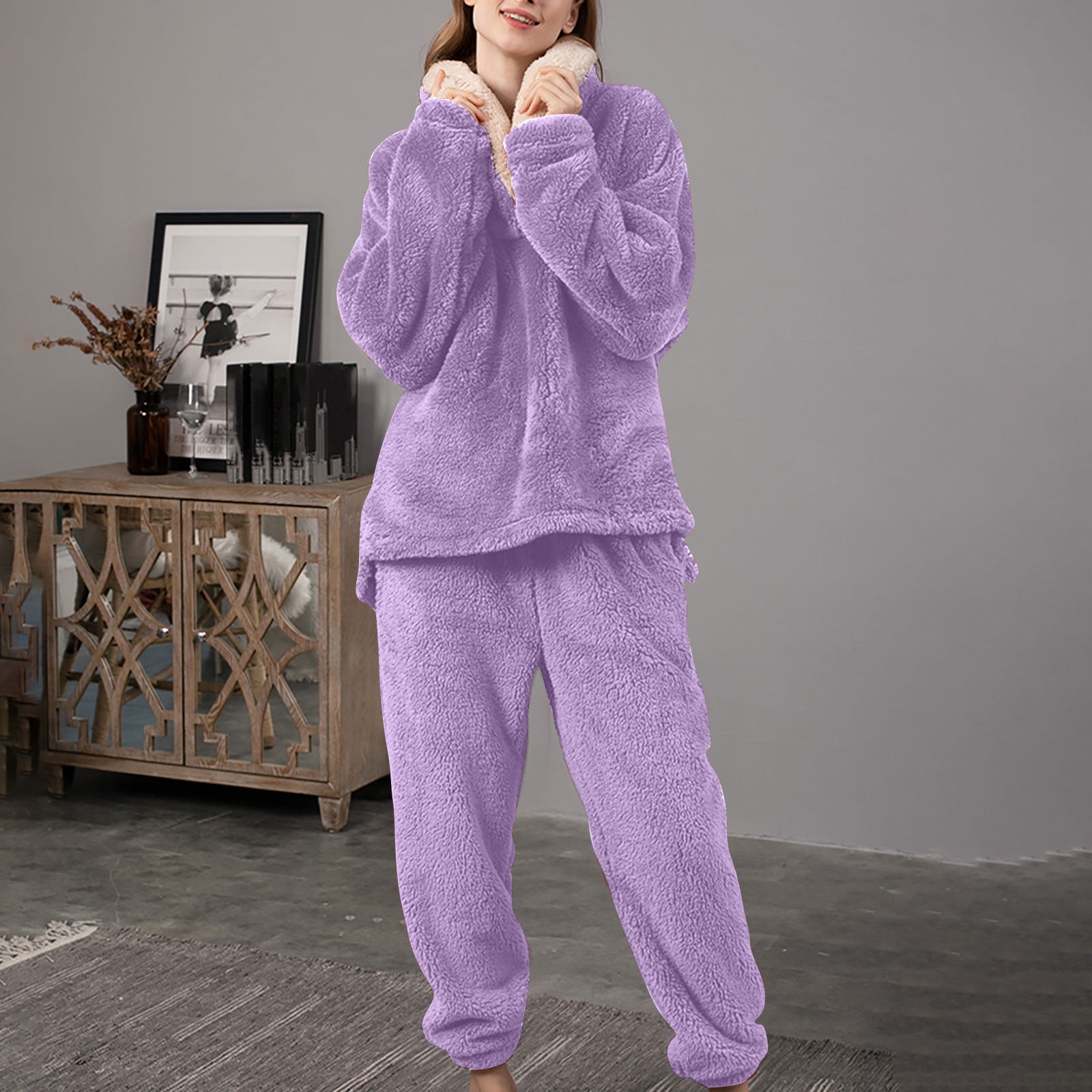 Pyjama Doux Femme Yievot Ensemble De Pyjamas En Peluche Pour Femmes Vêtements De Détente Chauds D'Hiver Chandail En Molleton Doux Et Pantalon De Pyjama Ensemble De 2 Pcs Vêtements De Nuit En