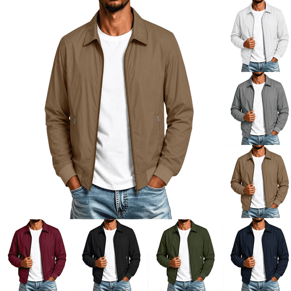 FEIIBMOYRIA Men's Full Zip Jackets Men Lapel Collar Ribbed Trim Zipper Side Pockets Jackets Lightweight Casual Classic Closure Everyday Commute Outerwear Jackets