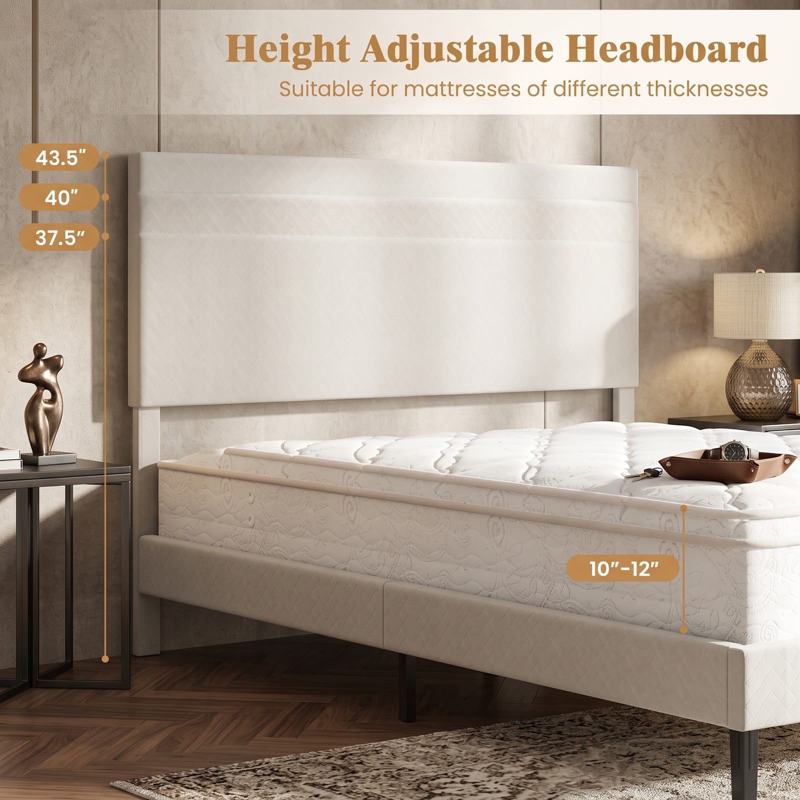 Furnibear Queen Size Bed Frame Velvet Upholstered Platform Bed Frame with Height Adjustable Chevron Headboard and Slats for Bedroom, Beige