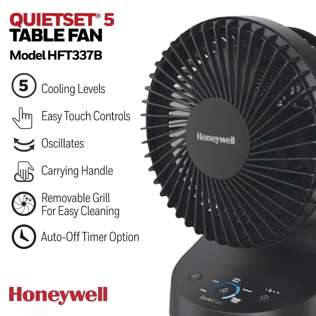 Honeywell QuietSet 9 Inch Oscillating Table Fan with 5 Speeds in Black for Small Rooms with Quiet Operation, HTF337B