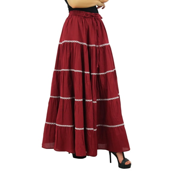 Bimba Womens Long Flaired Cotton Skirt Boho Maxi Bottoms Elastic Waist Indian Clothing