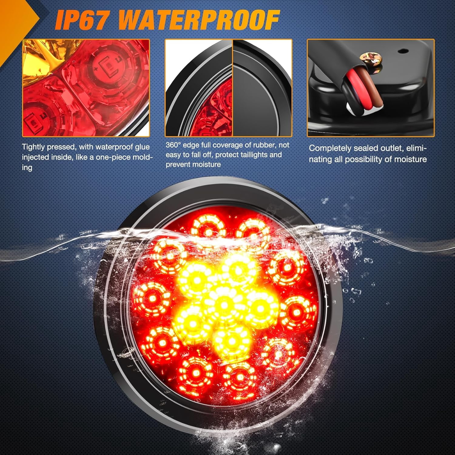 Nilight 2PCS 4 inch Round Red Amber LED Trailer Tail Lights 16LEDs w/Flush Mount Grommet IP67 Waterproof Stop Brake Turn Signal Running Tail Light for Trucks Trailer RV