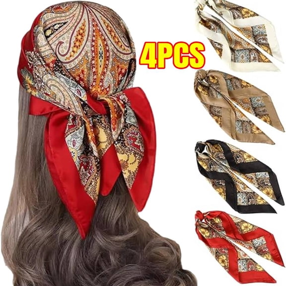 4 Pcs  Silk Feeling Square Head Scarf - 27 Inches Satin Square Head Scarves Hair Bandanas for Women