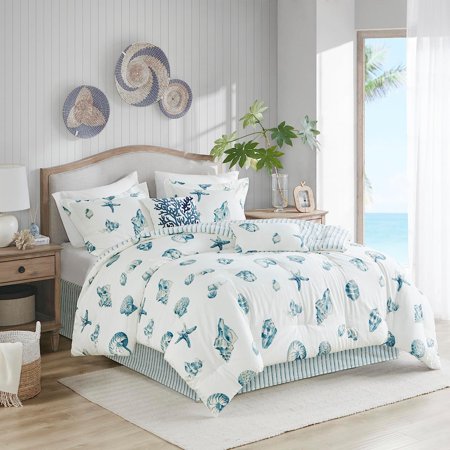Cozy Cotton Comforter Set - Coastal, All Season Down Alternative Casual Bedding with Matching Shams, Decorative Pillows, Beach , Reversible Seashell Blue (72"x90") 3 Piece