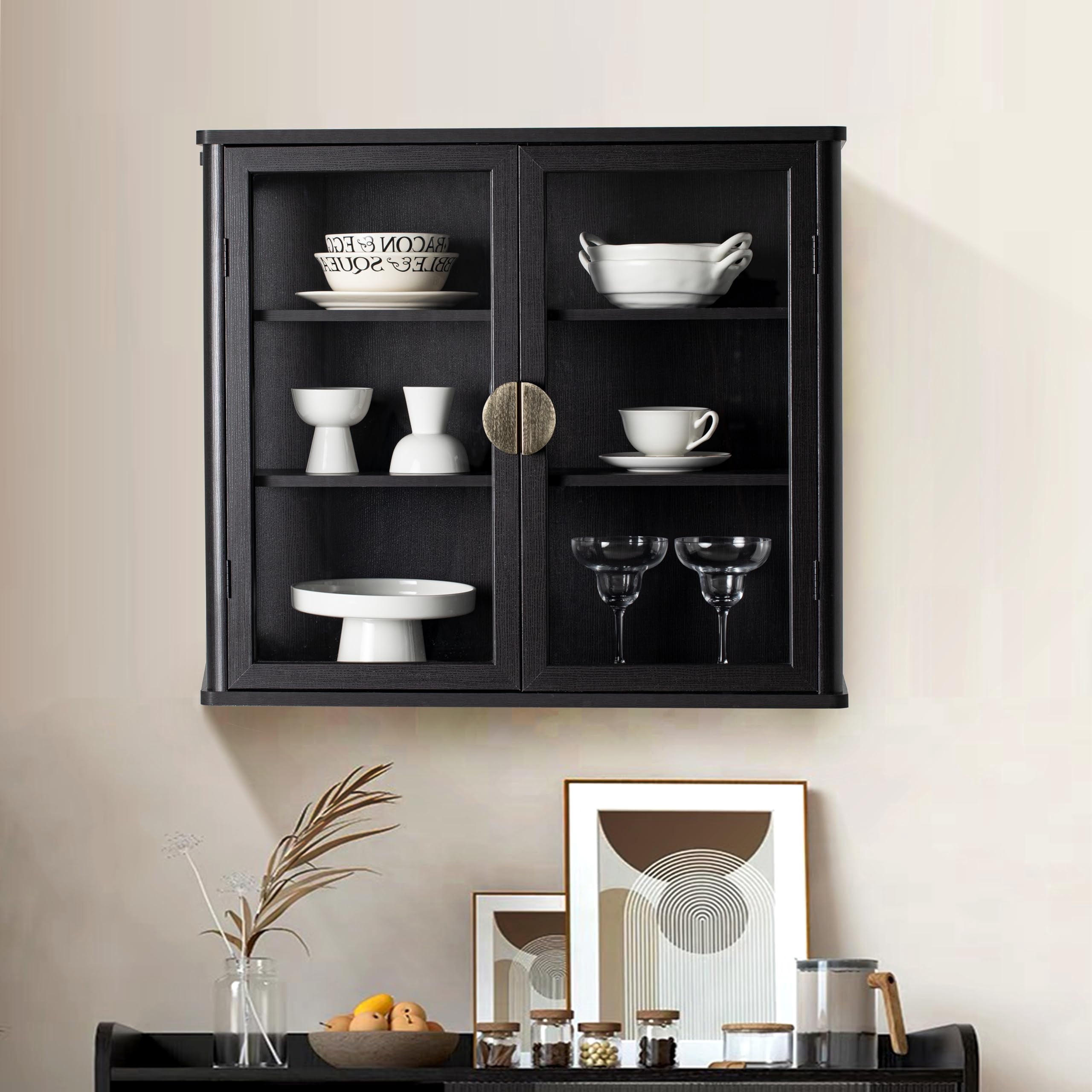 POLIHOME Display Wall Cabinet with Tempered Glass Doors，Storage Cabinet with Adjustable Shelves