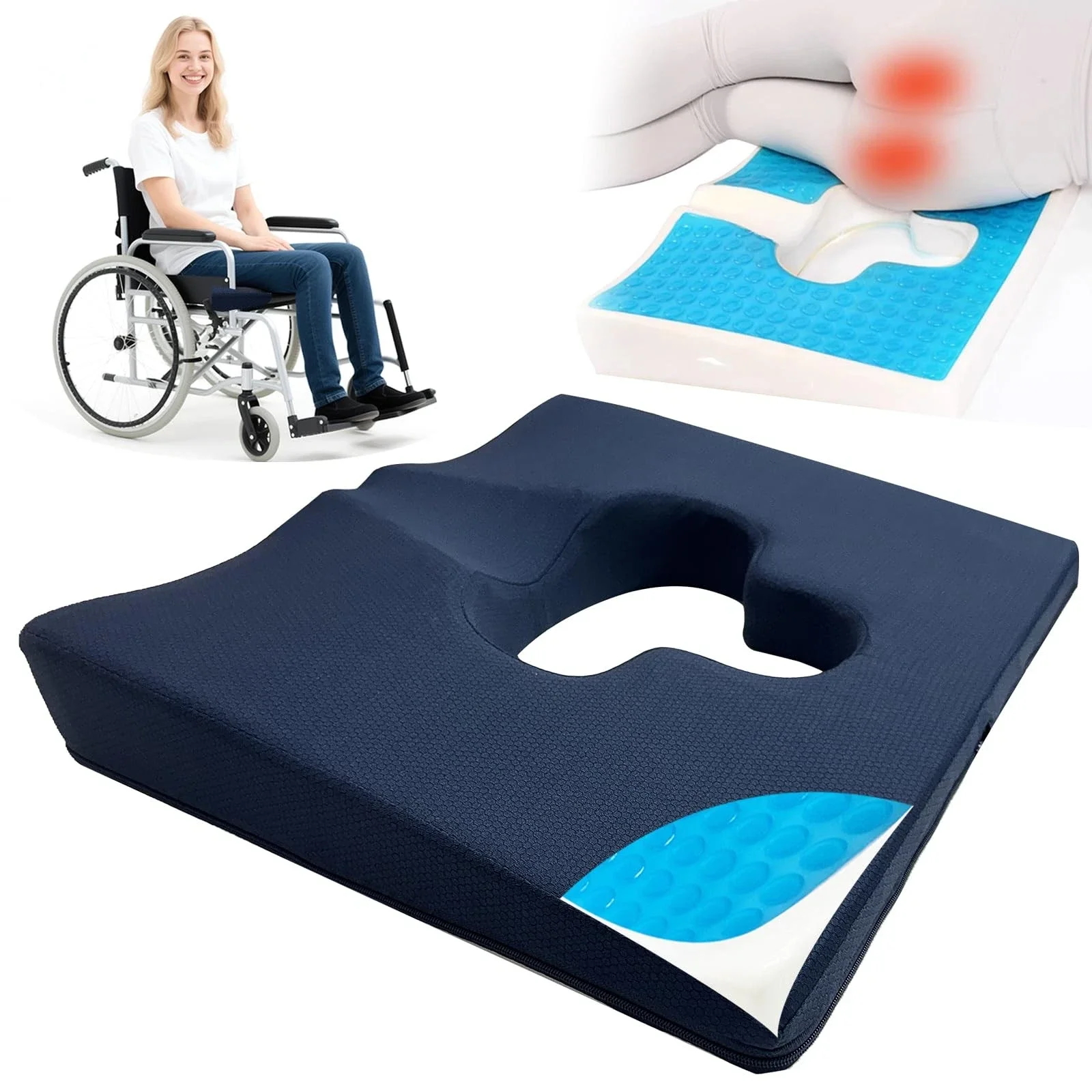 Coccyx Seat Cushion for Office Chair, Memory Foam & Gel Wheelchair Cushion for Tailbone Pain, Hemorrhoid & Sciatica Relief, Breathable Non-Slip Car & Home Seat Pad