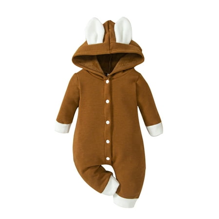 

Capreze Buttons Hooded Jumpsuit Winter Outwear Outfits Baby Loose Full Zip Fleece Romper Party Solid Color Button Brown 80/3-6M