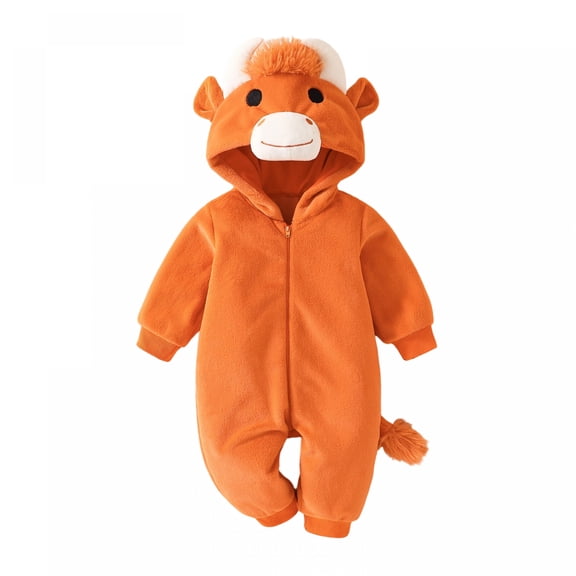 RUINIXCW Baby Highland Cow Costume Infant Halloween Animal Costume Baby Boy Girl Warm Fall Winter Outfit Fleece Jumpsuit Snowsuit Long Sleeve Zip Up Hooded Romper with Tail