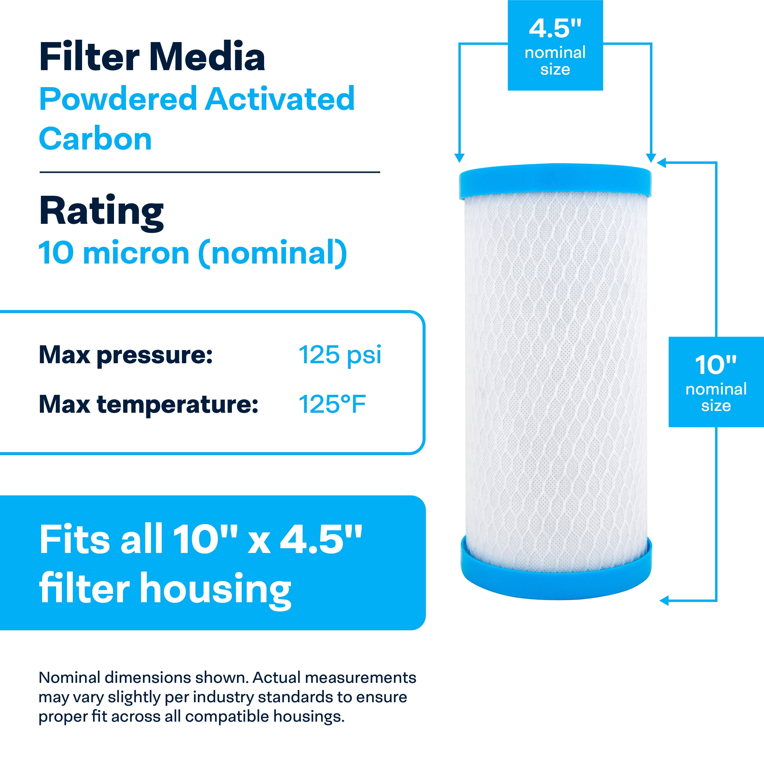 SpiroPure SP-EPM-BB 10x4.5 10 Micron NSF Certified Coconut Shell Carbon Block Water Filter Cartridge EPM-BB 155782-43 CB-45-1010 (Case of 6)