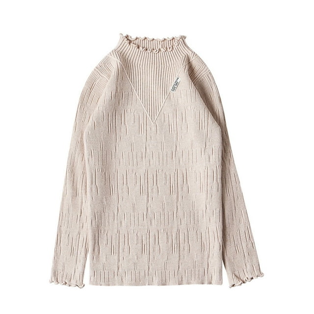 Little Girls Sweaters Korean Ruffled Edge Knitted Sweater Girls Letter Print Warm Layering Top Clothes Khaki Size 5-6T