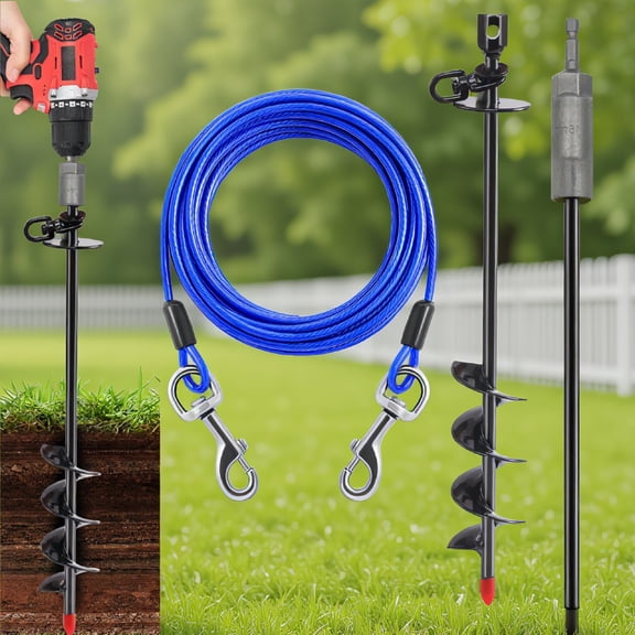 SWOEBTH 1 Set 30FT Dog Tie Out Cable and Spiral Stake, Heavy Duty Steel with ° Swivel, for Dogs Up to 200 lbs, Yard Camping Use
