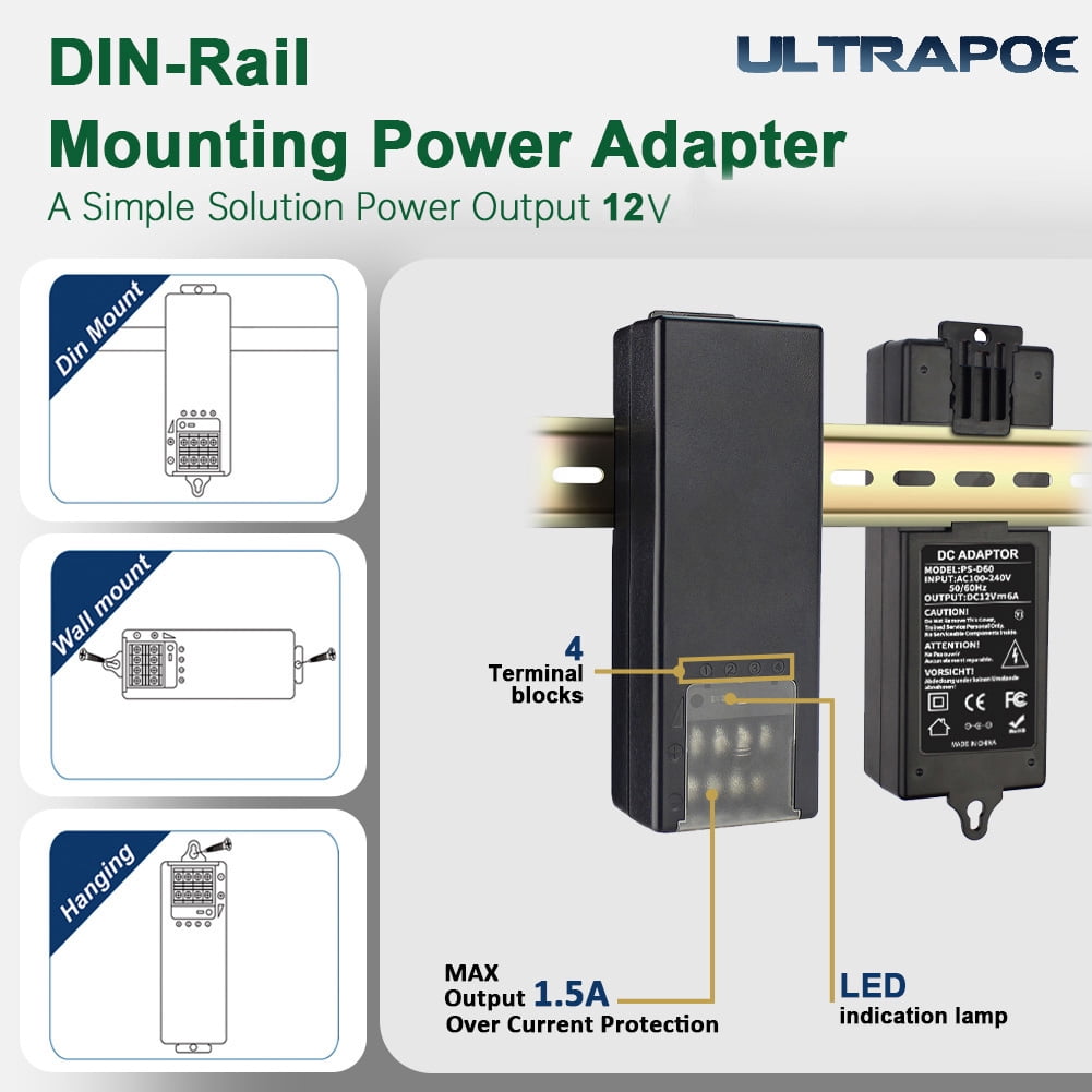 UltraPoE 4 Channel CCTV Camera Power Supply 6A 12V Din-Rail Mounting Distribution Power Adapter with PTC Fuse