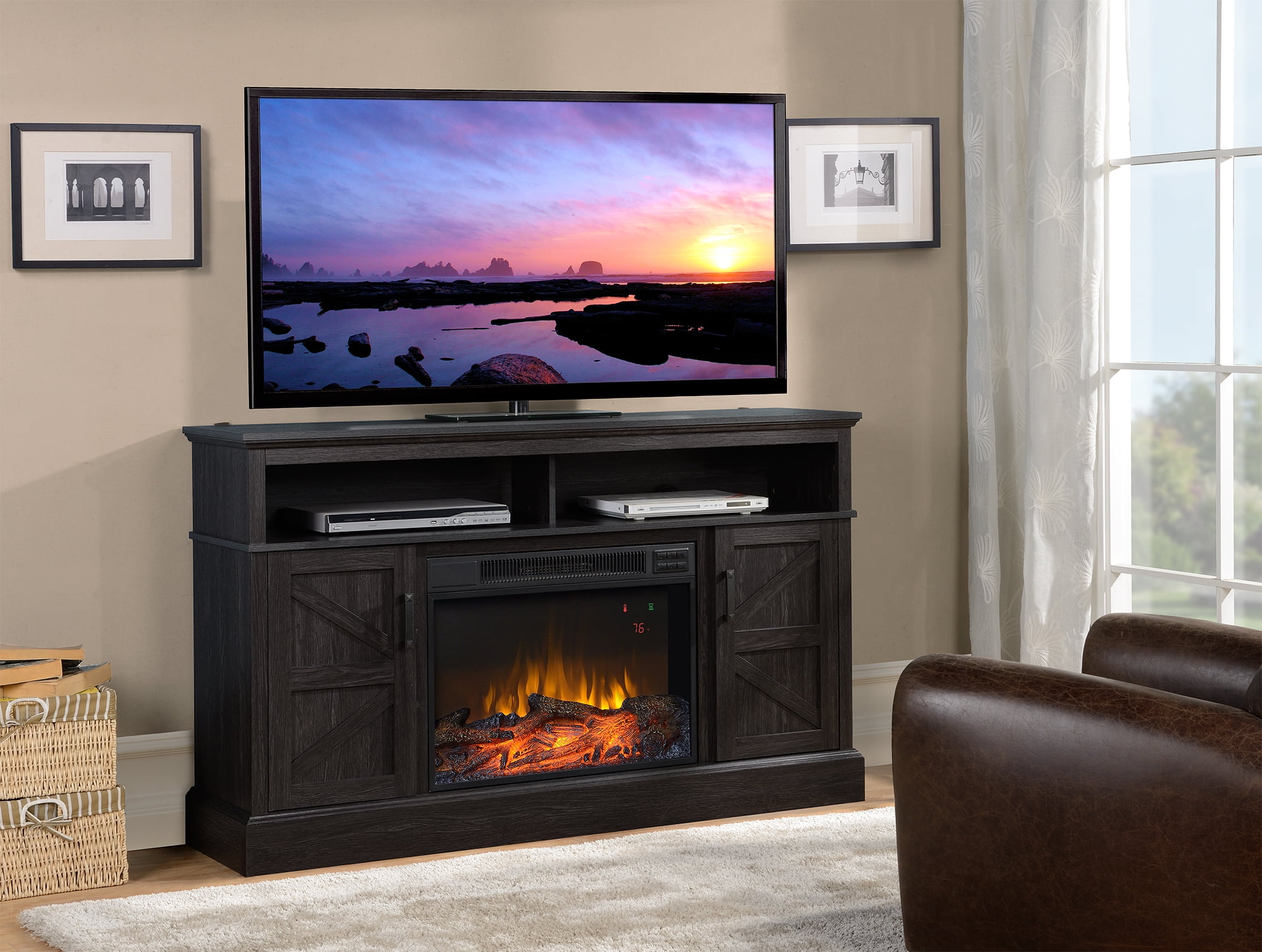 Flamelux Aspen 60 In. Media Fireplace and TV Stand in Gambrel Weathered