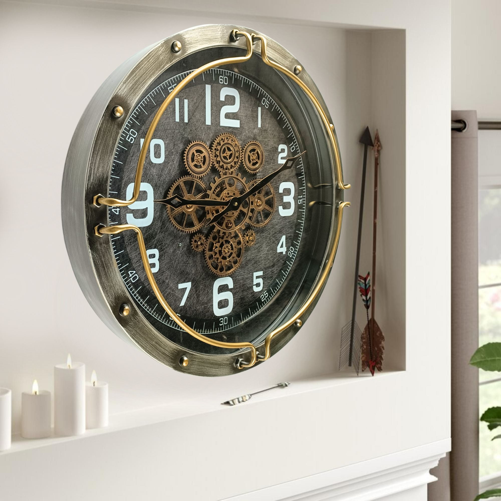 THE GEARS CLOCK Wall Clock with Real Moving Gears LU-LI_ 24 in Round SILVER-GREY