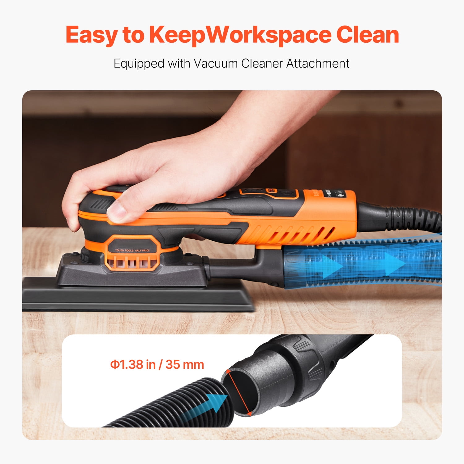 KFFKFF Orbital Sander, 3/8 Sheet 3A EC Brushless Sander, Up to 10000RPM Adjustable Speed Sheet Polishing Sander with 10PCS Sanding Sheets and Dust Extraction Adapter for Carpentry