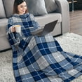 thumbnail image 2 of PAVILIA Plaid Navy Fleece Wearable Blanket with Sleeves for Adults Women Men, Soft Warm Full Body Wrap Throw, Sweatshirt Pocket, Cozy Pullover Robe Blanket with Arm, Gifts for Christmas Mom Wife, 2 of 7