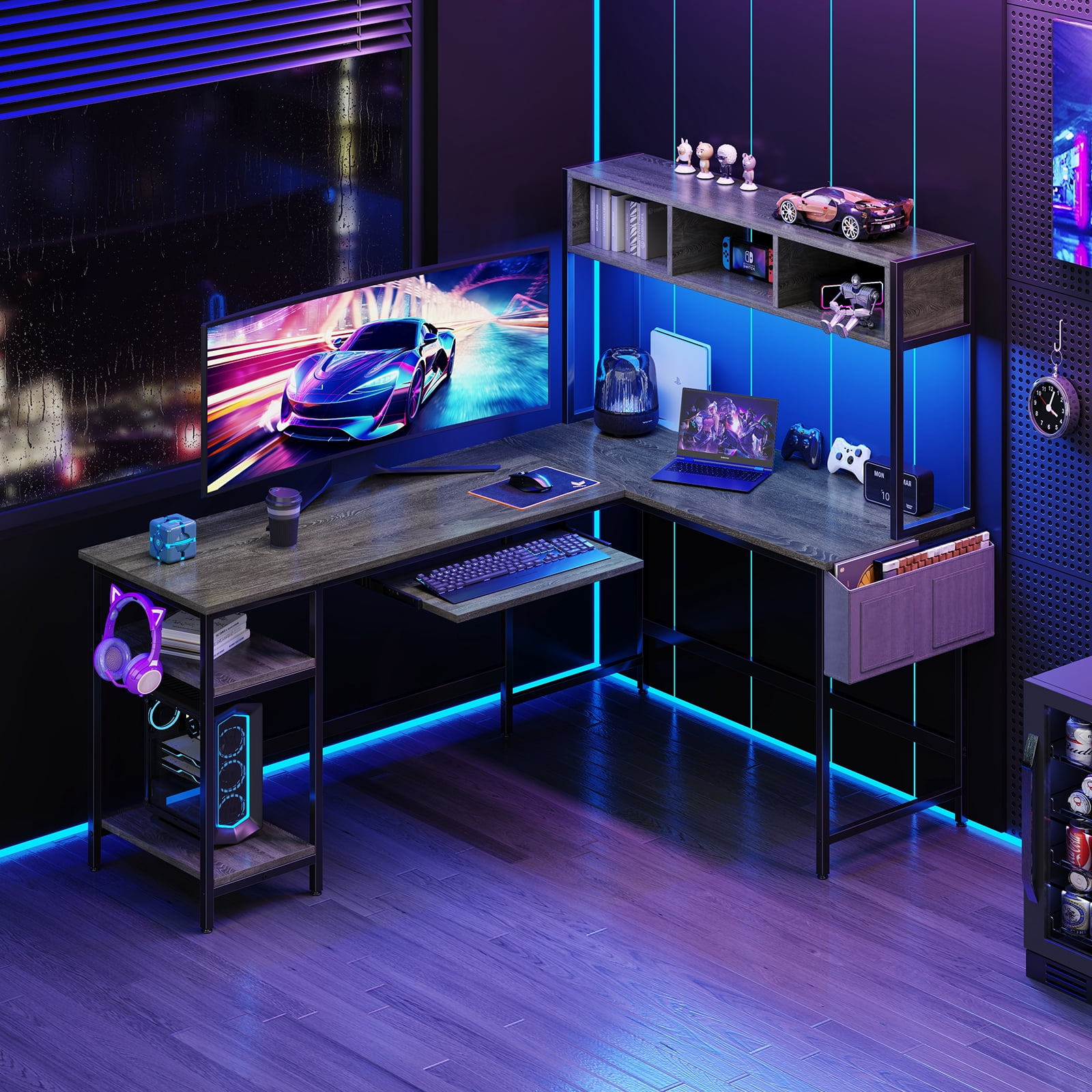 CONCETTA 67" Modern L-Shaped Gaming Desk with LED Lights and Power Outlets, Computer Desk with Drawer, Keyboard Tray for Monitors, Black