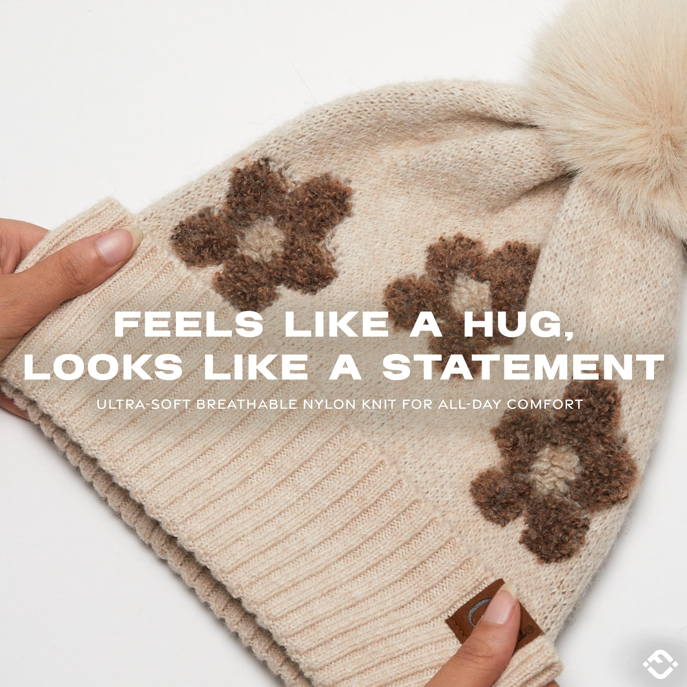 Funky Junque Beanie for Women Ultra Soft Chenille Faux Fur Pom Pom Winter Hats Warm Ski Cap Fashion - Daisy - Beige