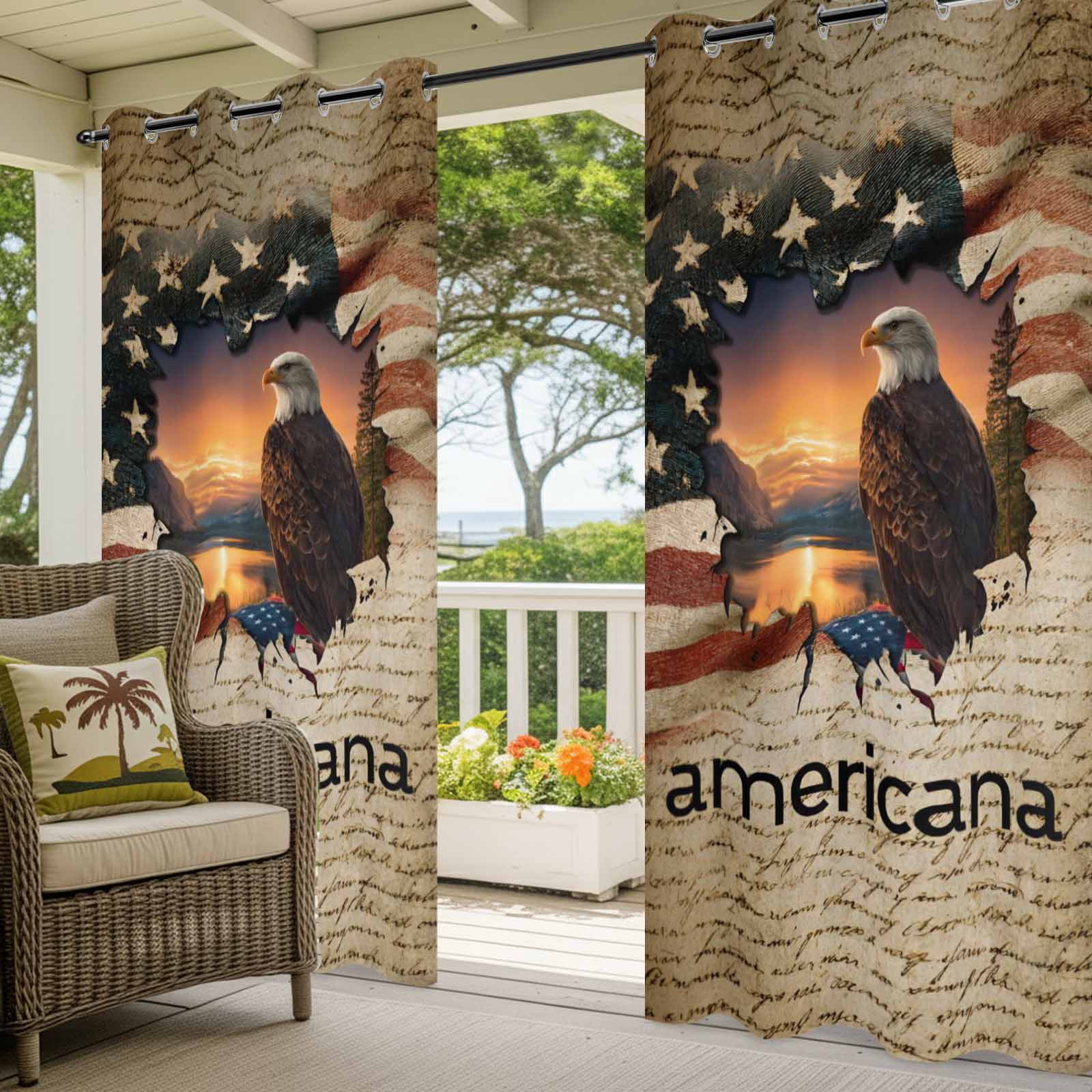Independence Day Outdoor Curtains for Patio, Retro American Flag Eagle 250 Year Sunset Sunshade Privacy Drapes Grommet Waterproof Outside Curtains for Porch/Cabana/Balcony 54"x 108", 1 Panel