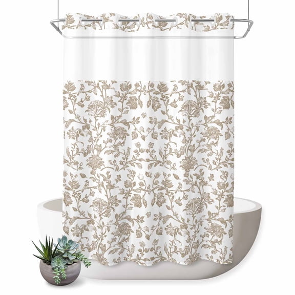 No Hook Shower Curtain, Khaki Flower Shower Curtains for Bathroom with See Through Top Window, Vintage Farmhouse Boho Leaf Spring Plant Waterproof & Washable Bath Curtain Extra Long 72"x96"