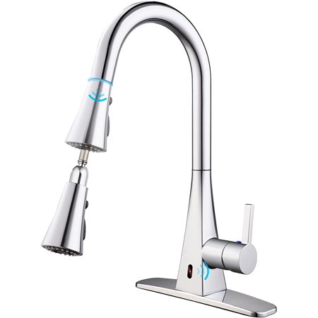 Touchless Kitchen Faucet Automatic Motion Sensor with 3 Water Flow Modes Spray Head Pull Down Sprayer, High Arc Single Handle Kitchen Sink Faucet with Single Hole and 3 Hole Deck Mount -Chrome