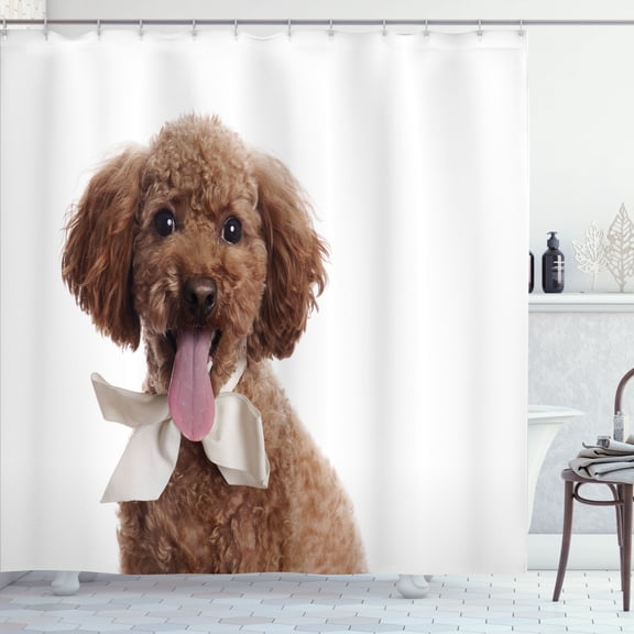 Ambesonne Poodle Shower Curtain, Puppy with Bow Tie, 69"Wx84"L, Grey Pink Pearl