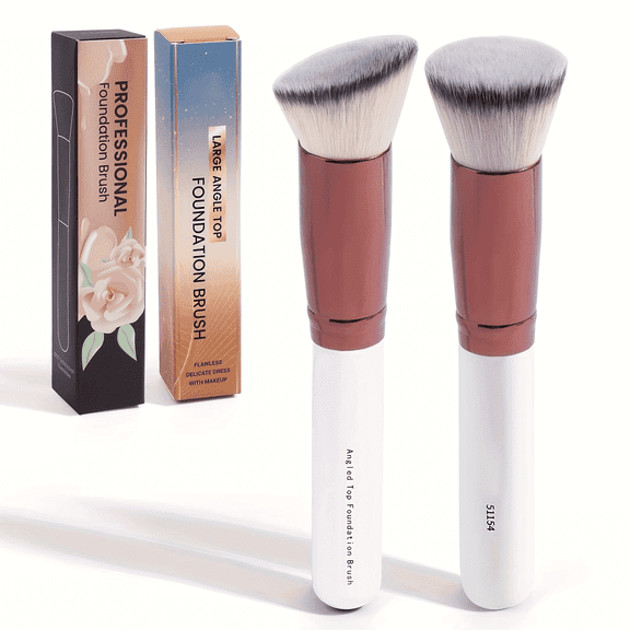 FORICOM Two-Piece Foundation Brush (Flat Top, Slanted Top) - Premium Makeup Brush for Liquids, Creams and Powders - Polishing, Blending and Face (White)