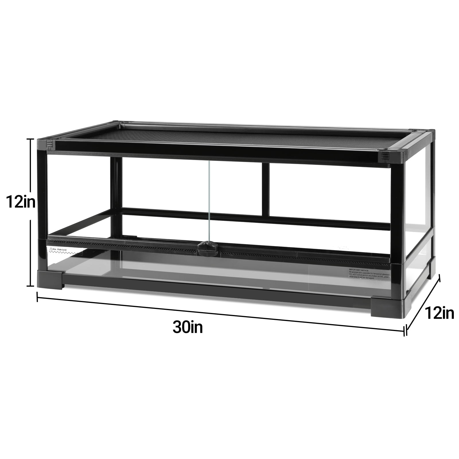GuzzloTempered Glass Reptile Tank, 30x12x12 Inch Front Opening Terrarium with Top Screen Ventilation & Water-Holding Bottom, Black